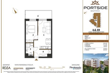 Rzut - Mieszkanie na sprzedaż 2 pokoje o powierzchni 39,48 m² - numer A4.10 w Portside Bałtycka