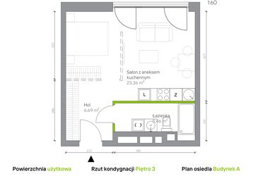 Rzut - Mieszkanie na sprzedaż 1 pokój o powierzchni 35,51 m² - numer A.3.12 w Jesionowa Vita