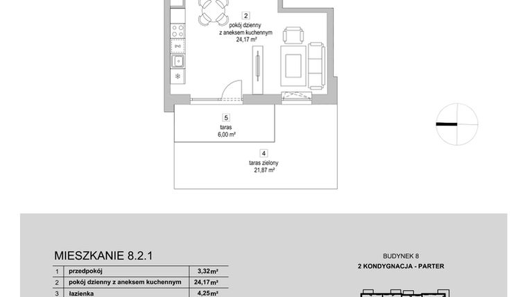 Rzut - Mieszkanie na sprzedaż 1 pokój o powierzchni 31,74 m² - numer 8.2.1 w Osiedle Przyjemne III