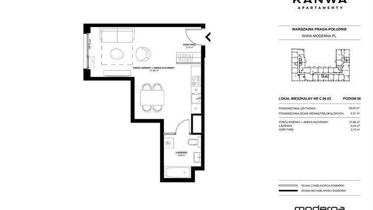 Rzut - Mieszkanie na sprzedaż 1 pokój o powierzchni 36,45 m² - numer C.06.02 w KANWA