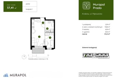 Rzut - Mieszkanie na sprzedaż 2 pokoje o powierzchni 37,41 m² - numer 1.A.0.03 w Murapol Prado