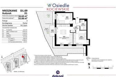 Rzut - Mieszkanie na sprzedaż 3 pokoje o powierzchni 55,08 m² - numer D1.09 w Osiedle Kociewskie etap III