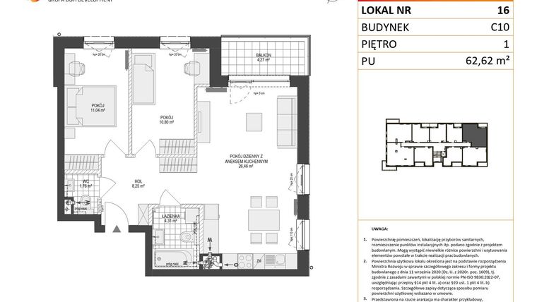 Rzut - Mieszkanie na sprzedaż 3 pokoje o powierzchni 62,62 m² - numer C10.16 w Konstelacja etap V