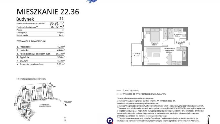 Rzut - Mieszkanie na sprzedaż 2 pokoje o powierzchni 34,92 m² - numer 22.36 w Osiedle Pastelowe etap IV