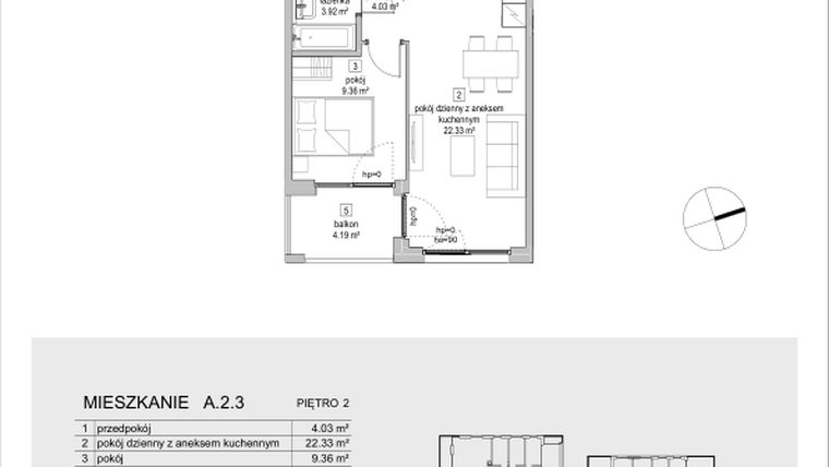 Rzut - Mieszkanie na sprzedaż 2 pokoje o powierzchni 39,64 m² - numer A.2.3 w ATAL Symbioza IA