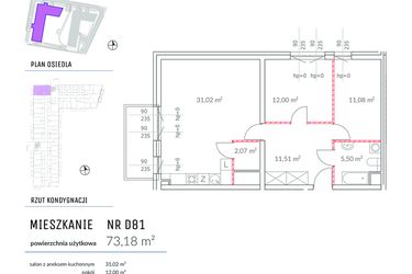 Rzut - Mieszkanie na sprzedaż 3 pokoje o powierzchni 73,18 m² - numer D81 w Osiedle Impresja 2