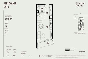 Rzut - Mieszkanie na sprzedaż 1 pokój o powierzchni 37,85 m² - numer 12.13 w Quorum Tower