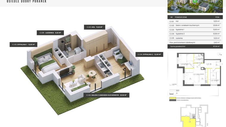 Rzut - Mieszkanie na sprzedaż 3 pokoje o powierzchni 67,19 m² - numer C.0.1 w Dobry Poranek