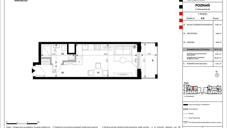 Rzut - Mieszkanie na sprzedaż 1 pokój o powierzchni 29,79 m² - numer B.A.0.3 w Zajezdnia