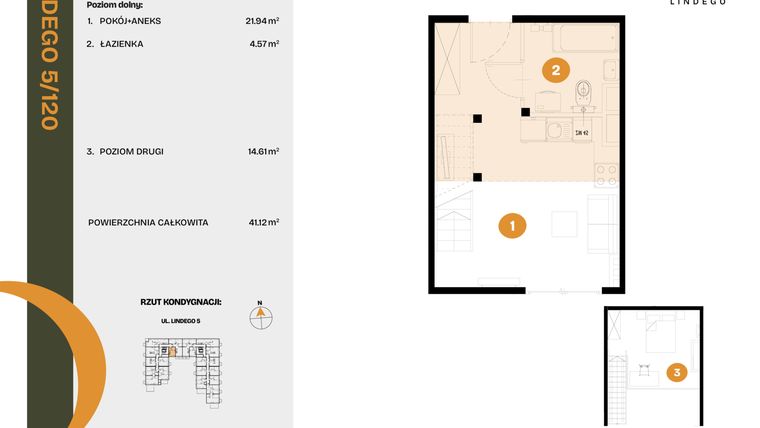 Rzut - Mieszkanie na sprzedaż 1 pokój o powierzchni 41,12 m² - numer 120 w CLOU LINDEGO