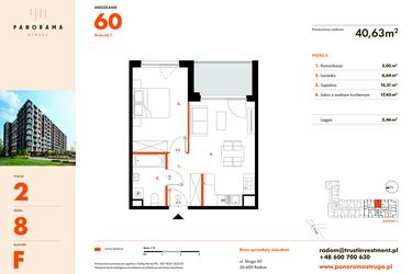 Rzut - Mieszkanie na sprzedaż 2 pokoje o powierzchni 40,63 m² - numer F60 w Panorama Struga