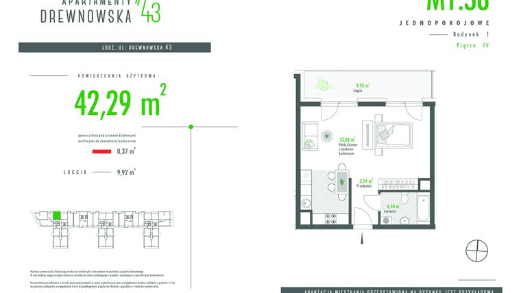 Rzut - Mieszkanie na sprzedaż 1 pokój o powierzchni 42,29 m² - numer M_1.38 w Apartamenty Drewnowska 43 IV