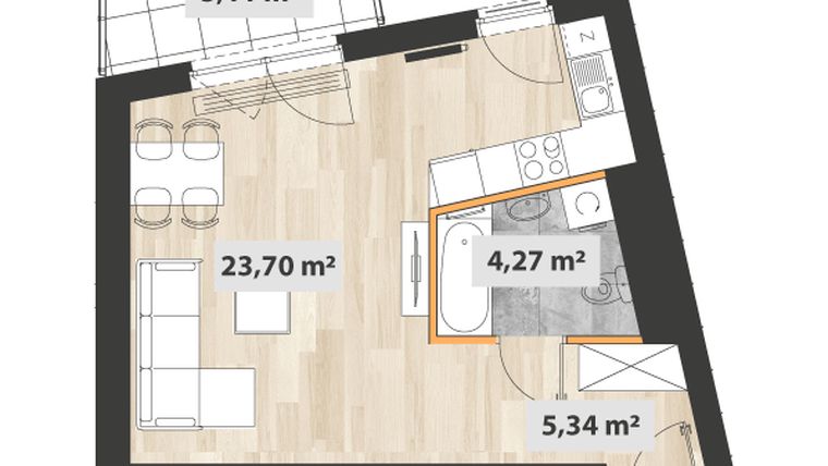 Rzut - Mieszkanie na sprzedaż 1 pokój o powierzchni 34,22 m² - numer B.02.11 w Na Okrzei