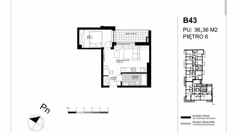 Rzut - Mieszkanie na sprzedaż 2 pokoje o powierzchni 36,36 m² - numer B43 w Apartamenty Kopernika - etap II