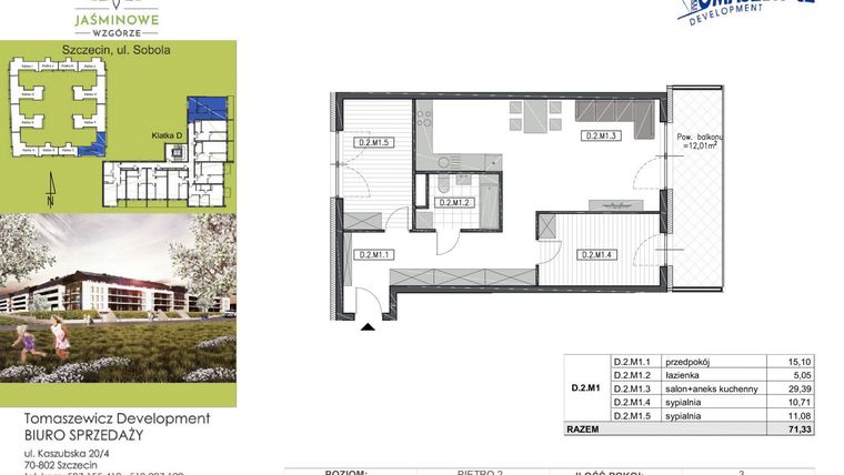 Rzut - Mieszkanie na sprzedaż 3 pokoje o powierzchni 71,33 m² - numer D2M1 w Jaśminowe Wzgórze
