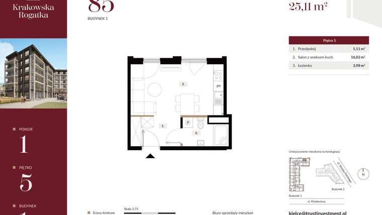 Rzut - Mieszkanie na sprzedaż 1 pokój o powierzchni 25,11 m² - numer 1.M85 w Krakowska Rogatka