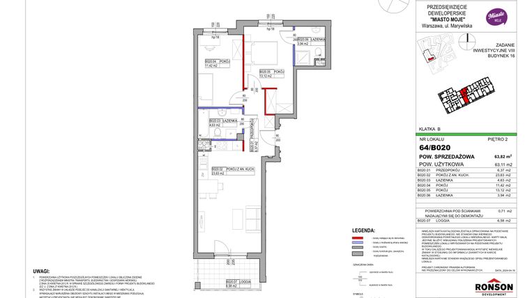 Rzut - Mieszkanie na sprzedaż 3 pokoje o powierzchni 63,11 m² - numer 16_B020 w Miasto Moje 8