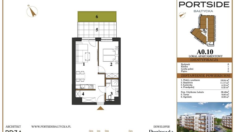 Rzut - Mieszkanie na sprzedaż 2 pokoje o powierzchni 39,48 m² - numer A0.10 w Portside Bałtycka