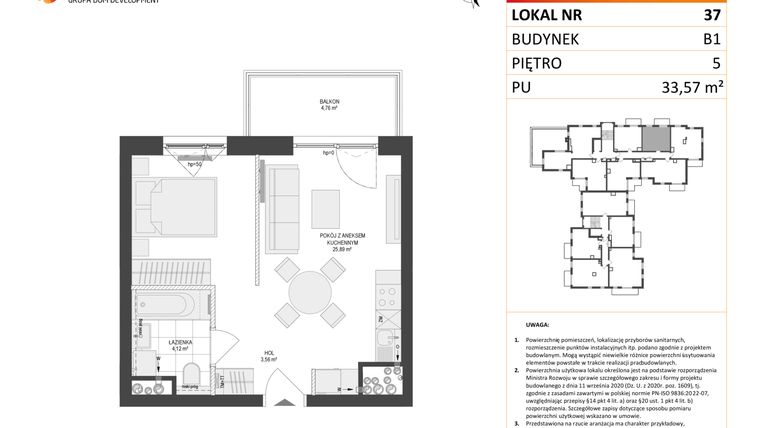 Rzut - Mieszkanie na sprzedaż 1 pokój o powierzchni 33,57 m² - numer 37 w Locus 2
