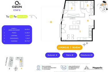Rzut - Mieszkanie na sprzedaż 2 pokoje o powierzchni 50,45 m² - numer 4.21 w Osiedle Ozon etap VIII