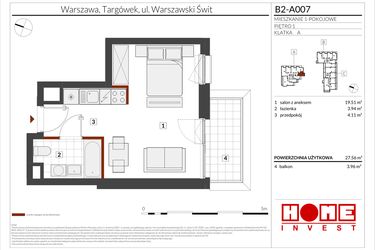 Rzut - Mieszkanie na sprzedaż 1 pokój o powierzchni 27,56 m² - numer B2-A007 w Warszawski Świt etap IX