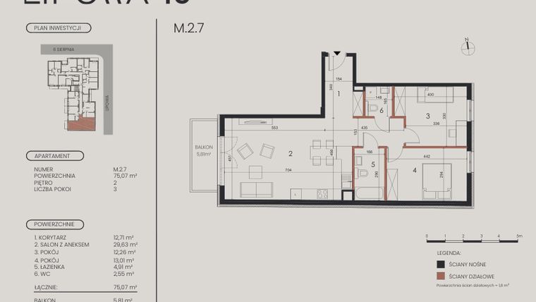 Rzut - Mieszkanie na sprzedaż 3 pokoje o powierzchni 75,07 m² - numer M.2.7 w Lipowa 43