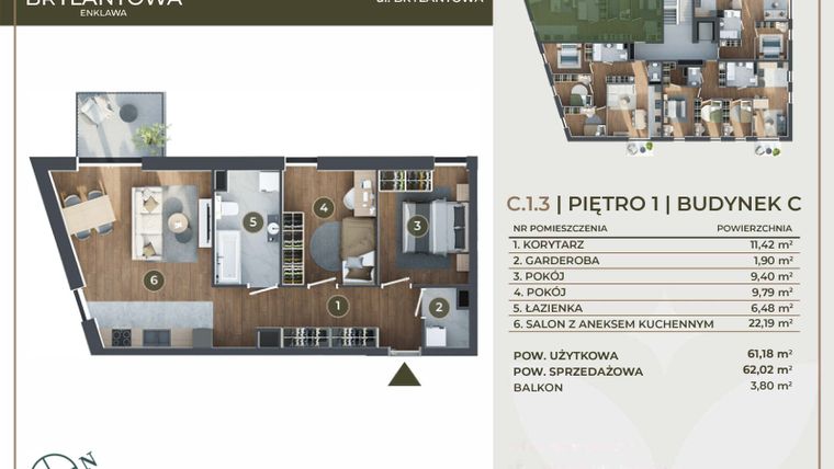 Rzut - Mieszkanie na sprzedaż 3 pokoje o powierzchni 61,18 m² - numer C.1.3 w Brylantowa Enklawa bud. C