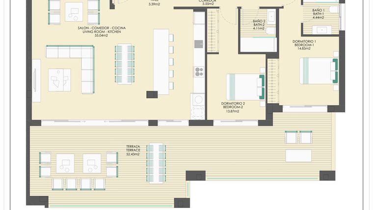 Rzut - Mieszkanie na sprzedaż 5 pokoi o powierzchni 177 m² - numer B22C w Arrecife by UrbinCasa