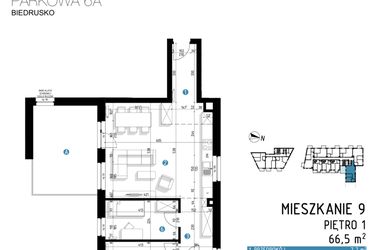 Rzut - Mieszkanie na sprzedaż 3 pokoje o powierzchni 66,5 m² - numer 6A.9 w Parkowa 6AC - ETAP III