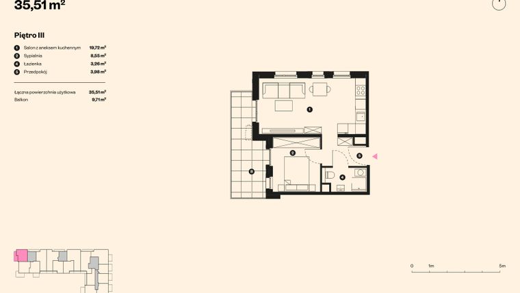 Rzut - Mieszkanie na sprzedaż 2 pokoje o powierzchni 35,51 m² - numer 70 w Sołtysowska