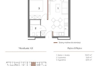 Rzut - Mieszkanie na sprzedaż 1 pokój o powierzchni 33,1 m² - numer A21 w Dąbrowskiego 9