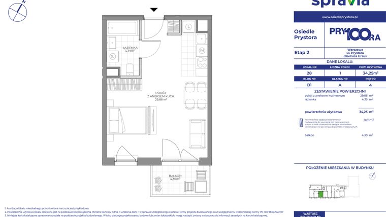 Rzut - Mieszkanie na sprzedaż 1 pokój o powierzchni 34,25 m² - numer B1_28 w Osiedle Prystora Etap 2