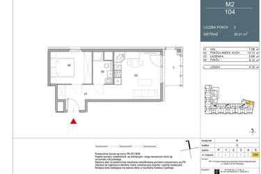 Rzut - Mieszkanie na sprzedaż 1 pokój o powierzchni 35,01 m² - numer 104 w Morwowa 5
