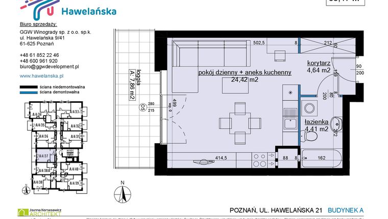 Rzut - Mieszkanie na sprzedaż 1 pokój o powierzchni 33,47 m² - numer A/4/37 w Osiedle Hawelańska etap III - bud. A