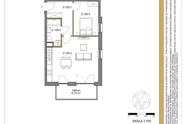 Rzut - Mieszkanie na sprzedaż 2 pokoje o powierzchni 51,83 m² - numer 128 w Osiedle Sfera etap II