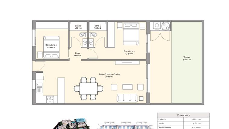 Rzut - Mieszkanie na sprzedaż 2 pokoje o powierzchni 100,02 m² - numer PB-23 w Apartamenty w Finestrat - 28237980