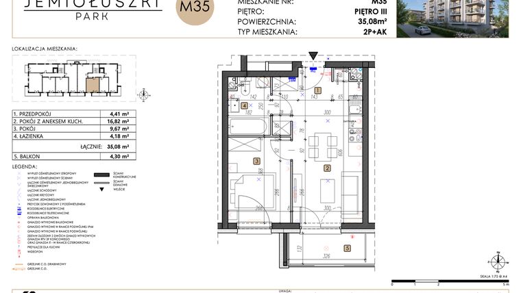 Rzut - Mieszkanie na sprzedaż 2 pokoje o powierzchni 35,39 m² - numer A2_M35 w Jemiołuszki Park etap 2