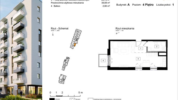 Rzut - Mieszkanie na sprzedaż 1 pokój o powierzchni 39,08 m² - numer A.52 w Osiedle Kochanowskiego - Gliwice