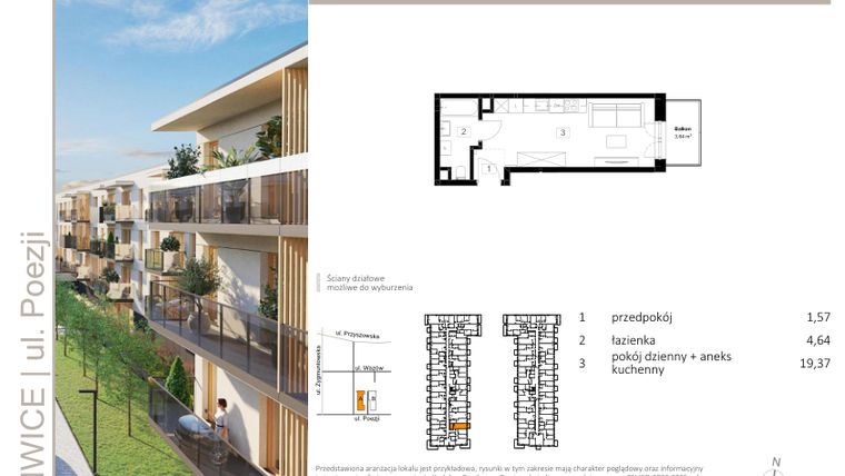 Rzut - Mieszkanie na sprzedaż 1 pokój o powierzchni 25,58 m² - numer A.53 w Poezji