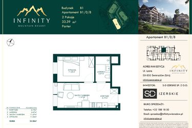 Rzut - Mieszkanie na sprzedaż 2 pokoje o powierzchni 33,39 m² - numer B1/0/8 w Infinity Mountain Resort etap 2
