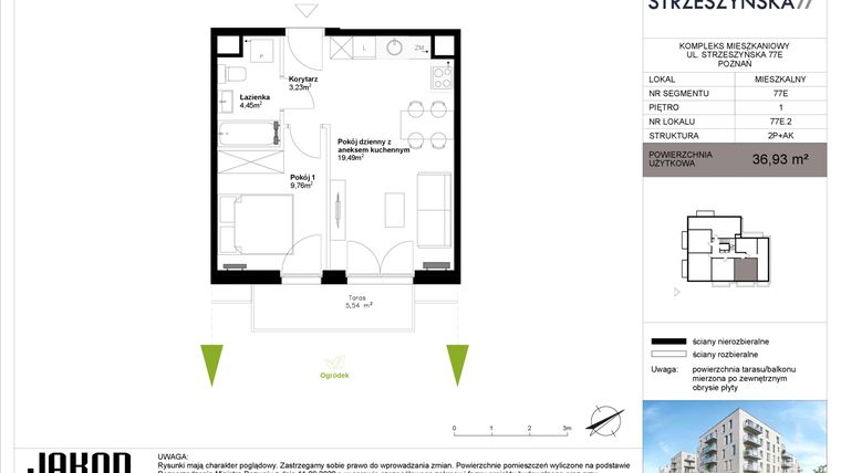 Rzut - Mieszkanie na sprzedaż 2 pokoje o powierzchni 36,93 m² - numer 77E.2 w Strzeszyńska 77