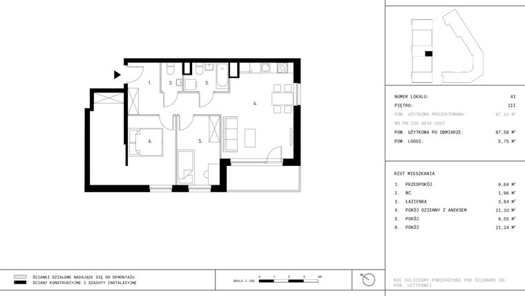 Rzut - Mieszkanie na sprzedaż 3 pokoje o powierzchni 67,58 m² - numer A8.P3 w Nocznickiego 29 bud. A