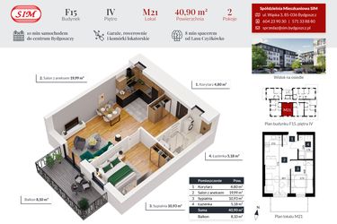 Rzut - Mieszkanie na sprzedaż 2 pokoje o powierzchni 40,9 m² - numer 21 w Tęczowy Zakątek F-15