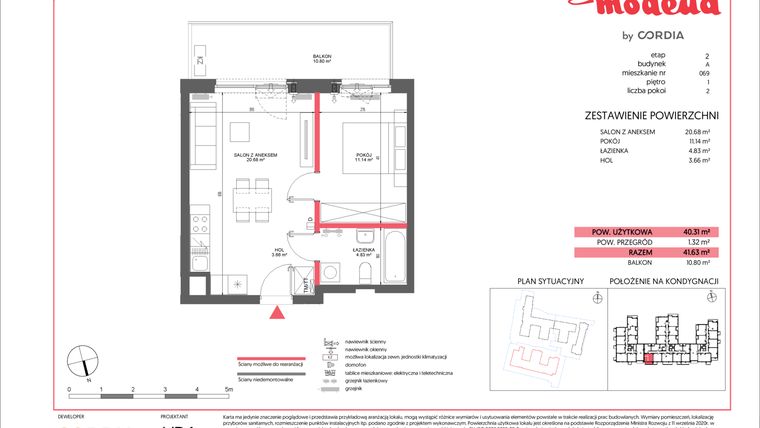 Rzut - Mieszkanie na sprzedaż 2 pokoje o powierzchni 40,31 m² - numer A.069 w Modena II