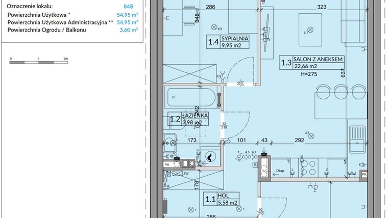Rzut - Mieszkanie na sprzedaż 3 pokoje o powierzchni 54,95 m² - numer 84B w Osiedle Młodych etap VI