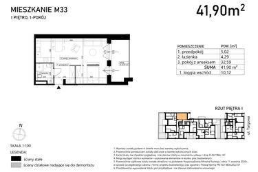 Rzut - Mieszkanie na sprzedaż 1 pokój o powierzchni 41,9 m² - numer M33 w Finezja