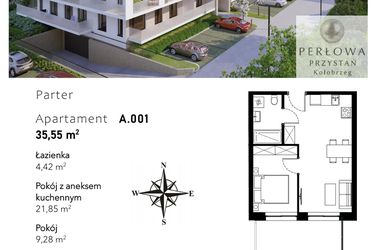 Rzut - Mieszkanie na sprzedaż 2 pokoje o powierzchni 35,55 m² - numer A.001 w Perłowa Przystań - Kołobrzeg - etap II