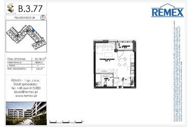 Rzut - Mieszkanie na sprzedaż 1 pokój o powierzchni 35,61 m² - numer B.3.77 w Osiedle BALTICA