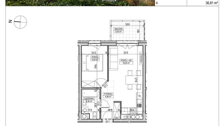 Rzut - Mieszkanie na sprzedaż 2 pokoje o powierzchni 36,81 m² - numer A3.02.28 w AURA