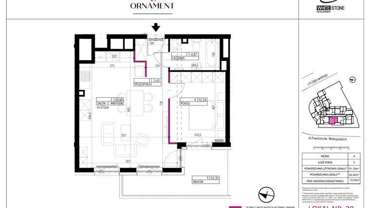 Rzut - Mieszkanie na sprzedaż 2 pokoje o powierzchni 51,78 m² - numer 39 w Ornament
